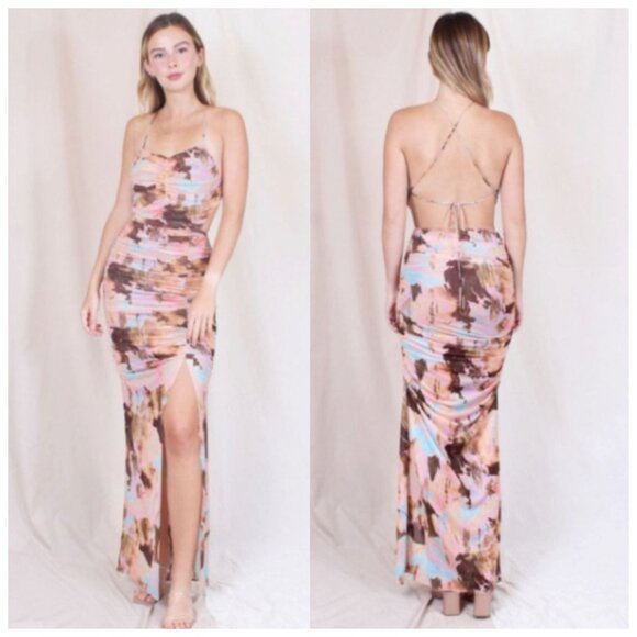 FORE Collection Acacia Maxi Dress Ruched Mesh Tie Back Abstract Print Split Smal - Picture 1 of 14